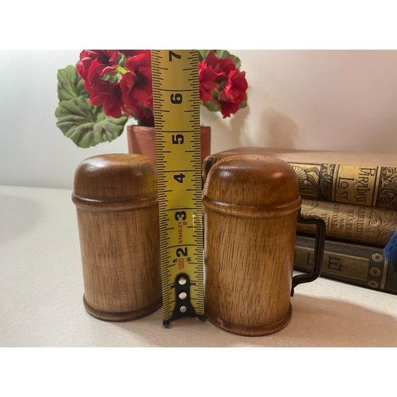 Vintage Mid Century Modern Chunky Wood Salt & Pepper Shakers with Iron Handles - Picture 8 of 9